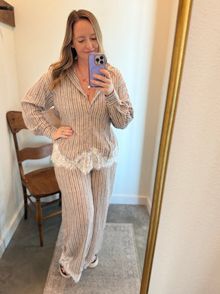 Mocha Striped Lace-Hem Blouse