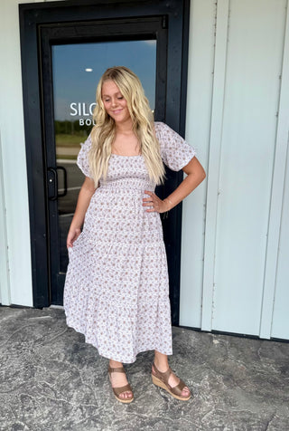 Cream Smocked Midi Dress