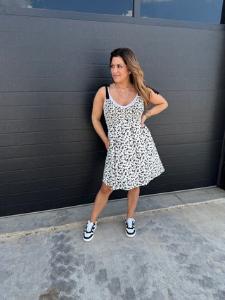 Black Cotton V-Neck Smocked Mini Dress