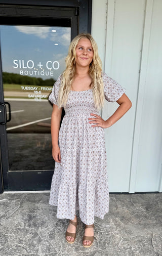 Cream Smocked Midi Dress