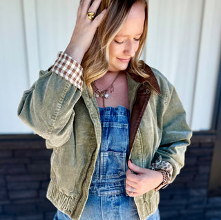 Olive Mineral Wash Corduroy Bomber Jacket