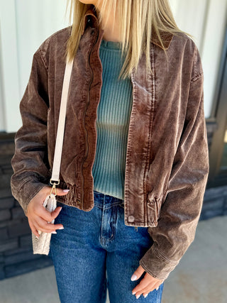 Brown Mineral Wash Corduroy Bomber Jacket