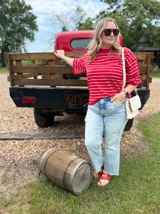 Red Striped knit short sleeve Top