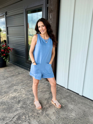 French terry Blue sleeveless romper