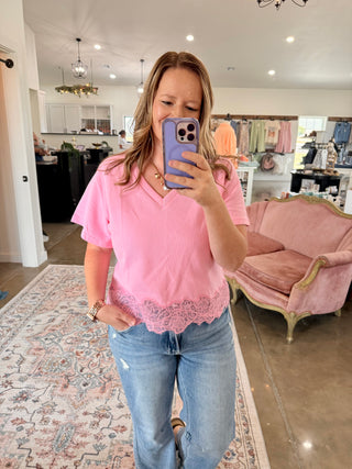 Pink Charm Lace-Trim V-Neck Top