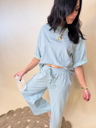 Striped Knit Top and Pants Set: MINT/LILAC