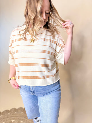 Honey Oat Striped Short Sleeve Sweater