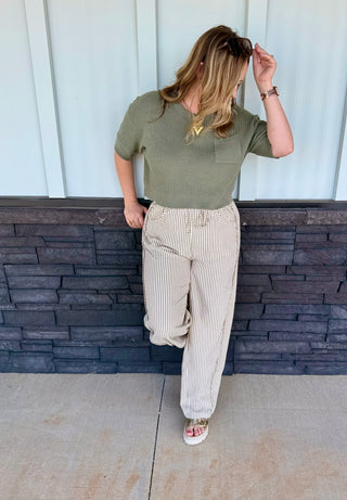 Cream & Brown Striped Drawstring Pants