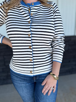 Black & white stripe button cardigan w blue contrast