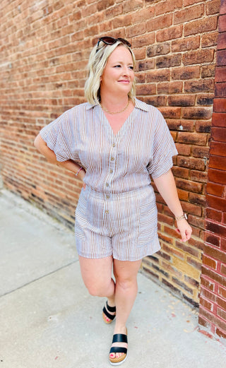 Taupe striped button up romper