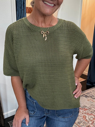 Olive Waffle knit boxy sweater top
