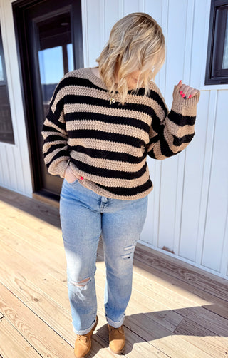 Taupe Relaxed Stipe Knit pullover sweater