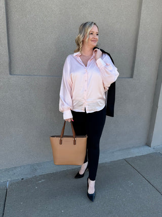 Blush Satin Button Down Dolman Sleeve Blouse