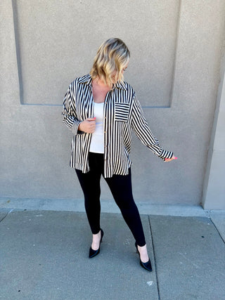 Black Satin Striped Button Down Blouse