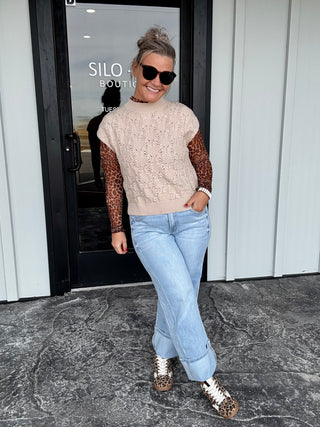 Cream Cable knit Mock Neck Sweater