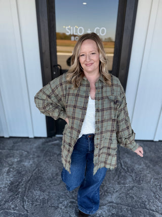 Dusty Sage oversized distressed Flannel