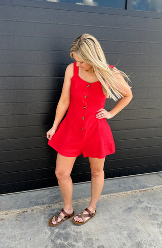 Red button down flounce romper
