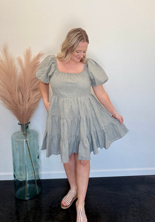 Olive Striped Puff Sleeve Mini Dress