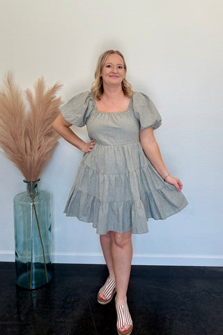 Olive Striped Puff Sleeve Mini Dress