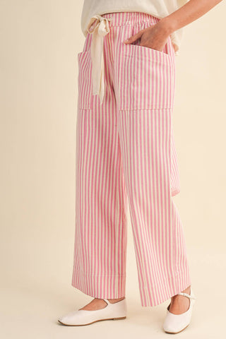 PINK STRIPED WIDE LEG DRAWSTRING PANTS