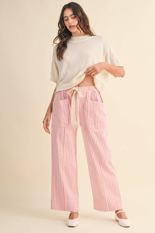 PINK STRIPED WIDE LEG DRAWSTRING PANTS