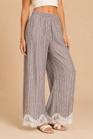 Mocha Lace-Trimmed Wide-Leg Pants