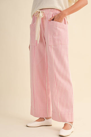 PINK STRIPED WIDE LEG DRAWSTRING PANTS