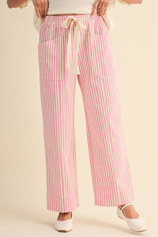 PINK STRIPED WIDE LEG DRAWSTRING PANTS