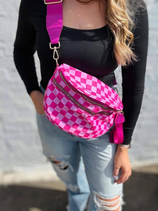 Checkered Double Zip Nylon Bag : Pink