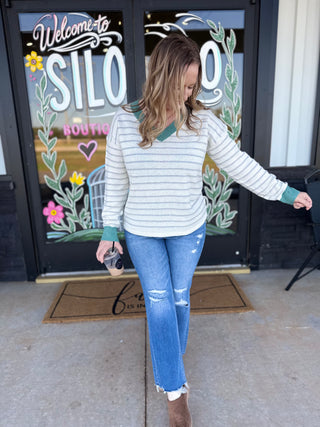 Ivory & Jade V-neck Striped Sweater