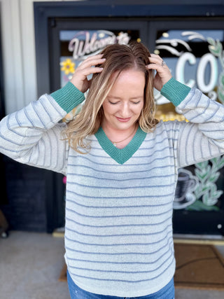 Ivory & Jade V-neck Striped Sweater